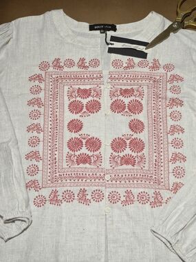 Solitaire XL Linen Blend Embroidered Boho Button Front Top Cream Red
